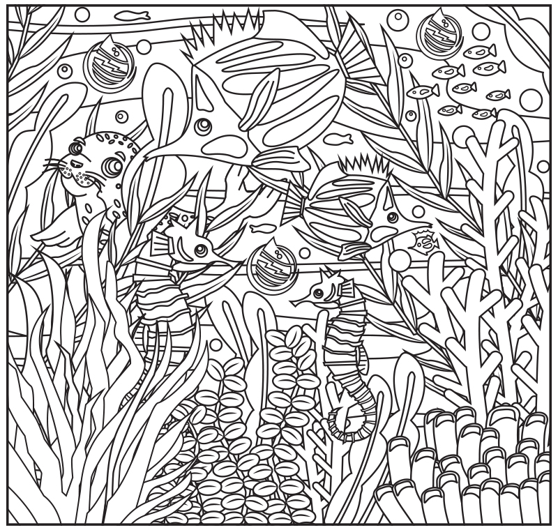 Ilustración en blanco y negro océano submarino de peces, caballitos de mar, plantas