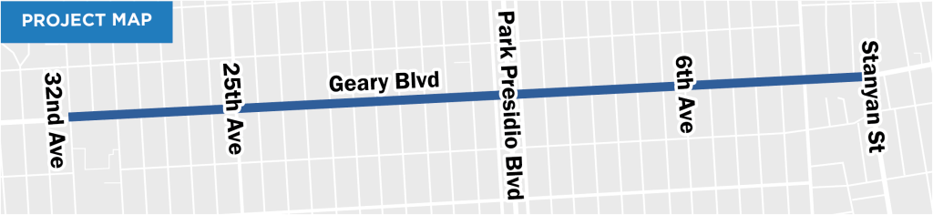 Mapa na nagpapakita kung saan magaganap ang pagtatayo sa Geary Boulevard