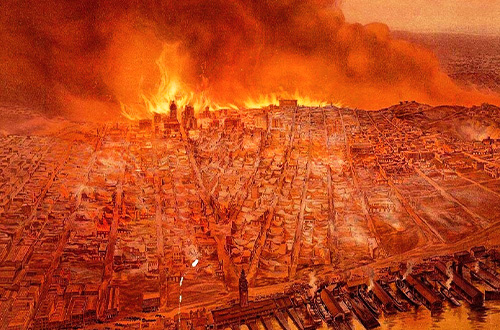“Đốt cháy San Fransisco.” Bức tranh được ghi có vào Thư viện Công cộng San Francisco - Trung tâm Lịch sử San Francisco.