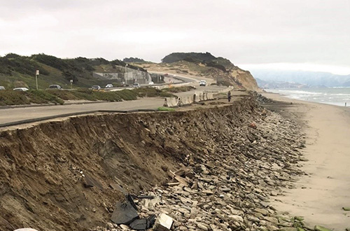 Coastal erosion along South Ocean Beach.