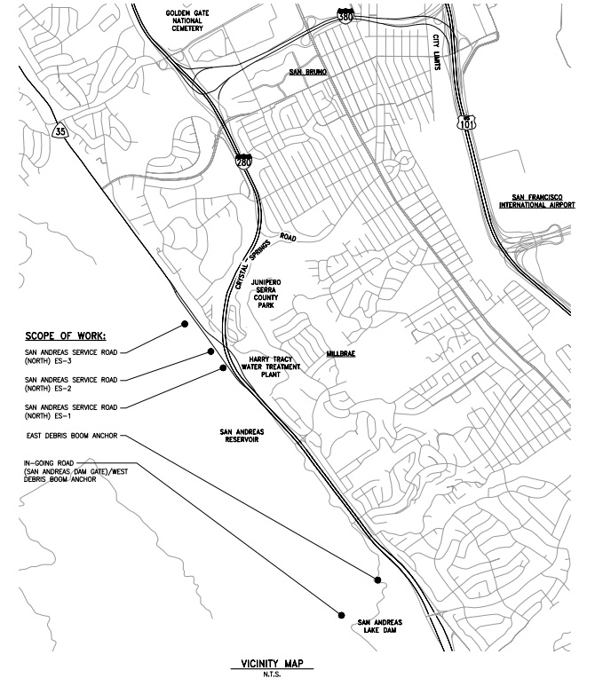 Bản đồ hiển thị rìa phía đông của hồ chứa San Andreas