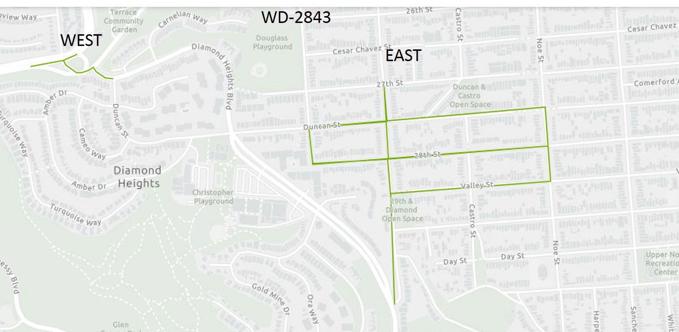 На карте показан Портола-драйв от 200 футов к западу от Клипер-стрит до 200 футов к востоку от Клипер-стрит, Клипер-стрит от Портола-драйв до бульвара Даймонд-Хайтс, бульвар Даймонд-Хайтс от Клипер-стрит до Дункан-стрит и Даймонд-стрит от 27-й улицы до бульвара Даймонд-Хайтс, 28-го. и улицы Дункан от Дугласа до улиц Ноэ, Вэлли-стрит от Даймонд-стрит до Ноэ-стрит и Ноэ-стрит от Дункана до Вэлли-стрит.
