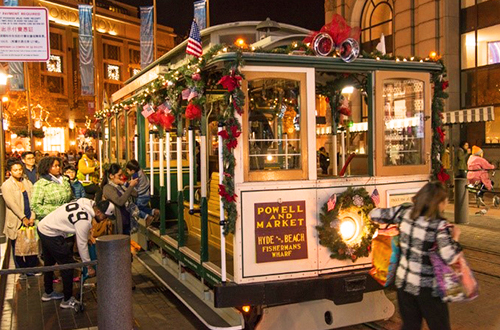cable car with holiday decorations