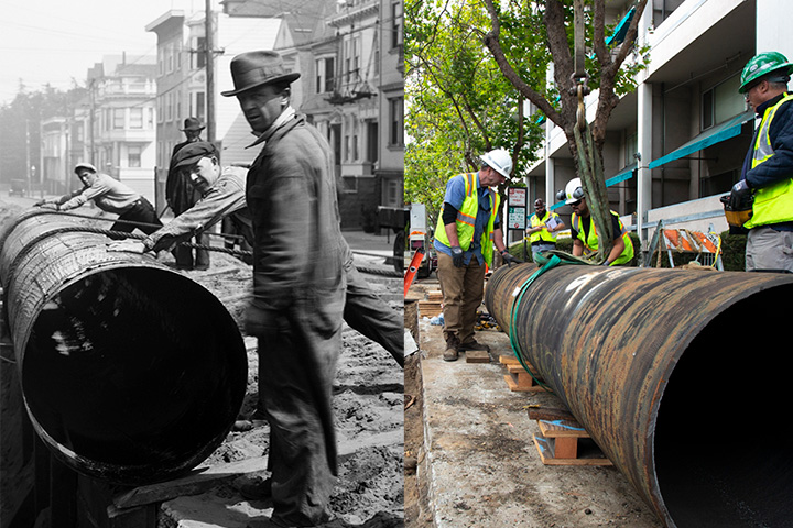 並排拍攝的黑白照片顯示了 1926 年的大型水管，旁邊是 2019 年完成的同一作品的彩色圖像