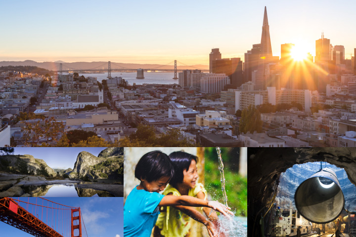 Collage del paisaje urbano de San Francisco, el puente Golden Gate, niños jugando y una tubería de agua.