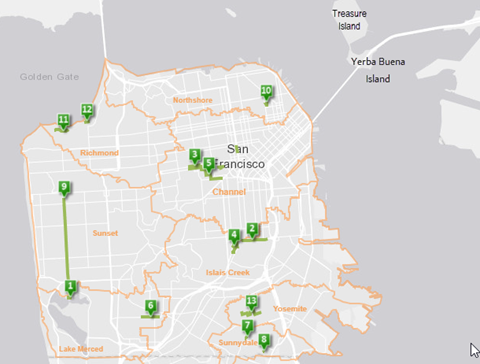 Pakikipag-ugnay sa mapa na nagpapakita ng mga lokasyon ng mga berdeng proyekto sa imprastraktura sa San Francisco