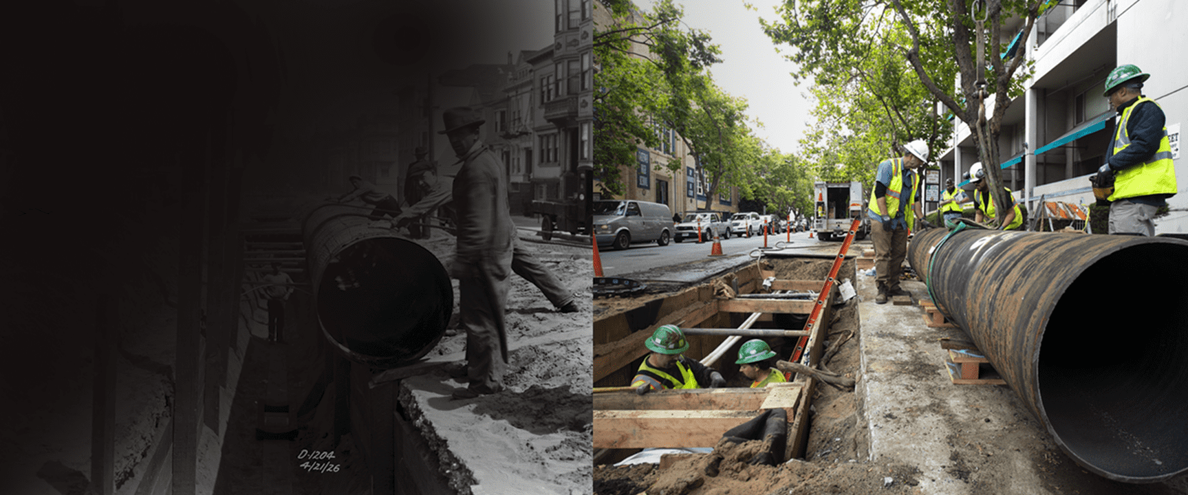 1926 年在當前工作旁邊鋪設下水道管道（黑色和白色）。