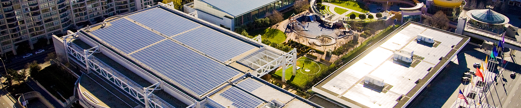 An aerial photograph of the solar array on Moscone Center in San Francisco.