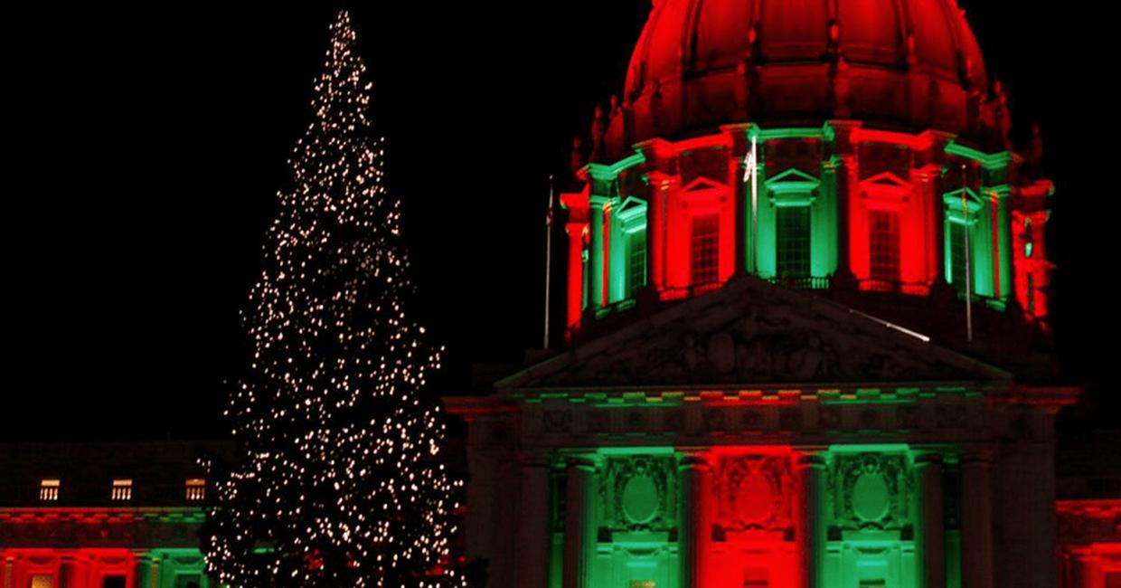 Holiday light display on SF City Hall