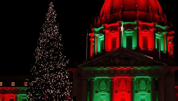 Holiday light display on SF City Hall