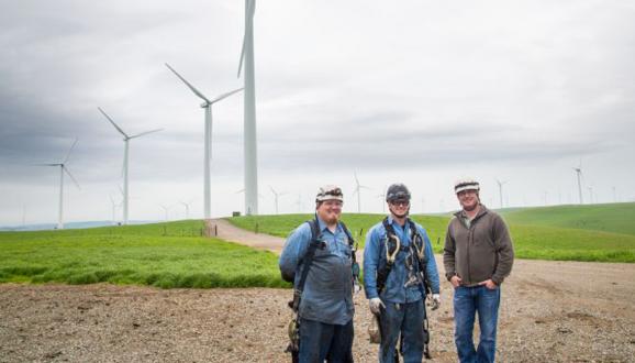 trabajadores en un campo de turbinas eólicas